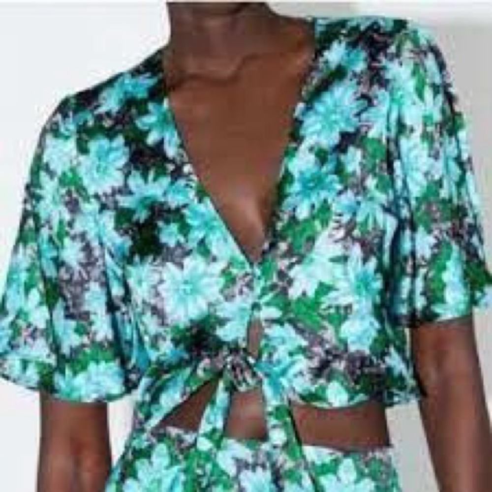 Zara Green Floral Satin Tie-Front Blouse feminine statement bold